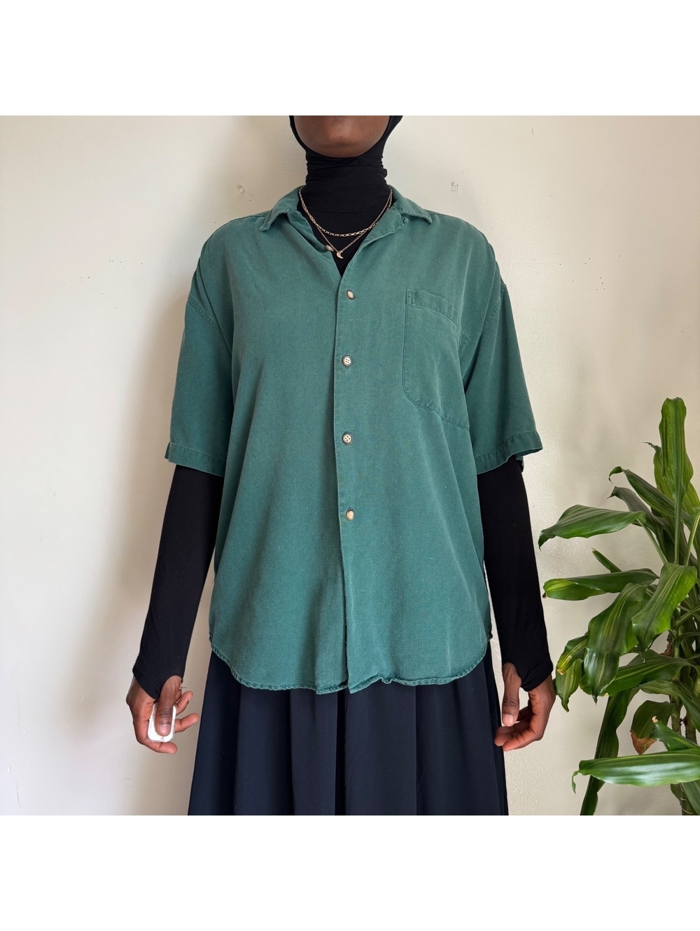 90s unisex Structure 100% Silk Sandwashed Green Short Sleeve Button-Down Shirt M